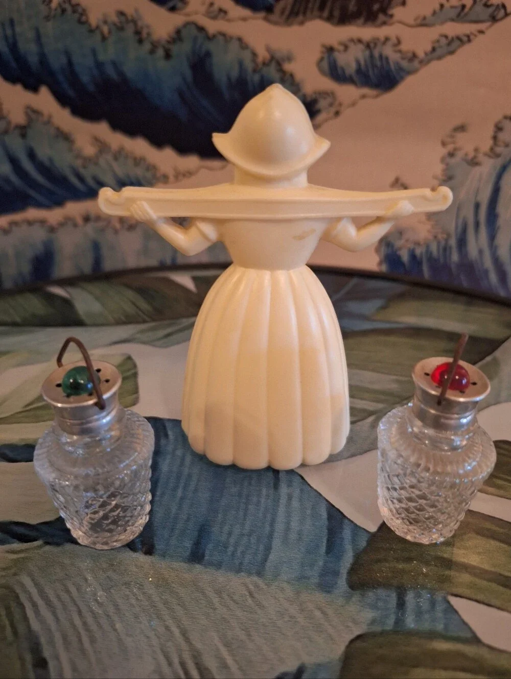 Vintage Dutch Girl Salt & Pepper Set - White Plastic with Glass Shakers
